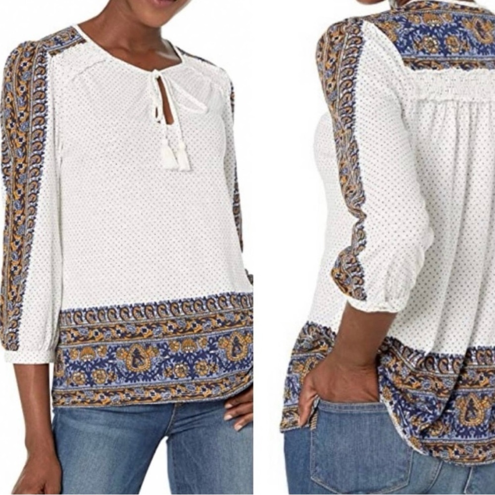 Lucky Brand NWT Bohemian Tassel Tie Front Split Collar Pullover Top Size Small